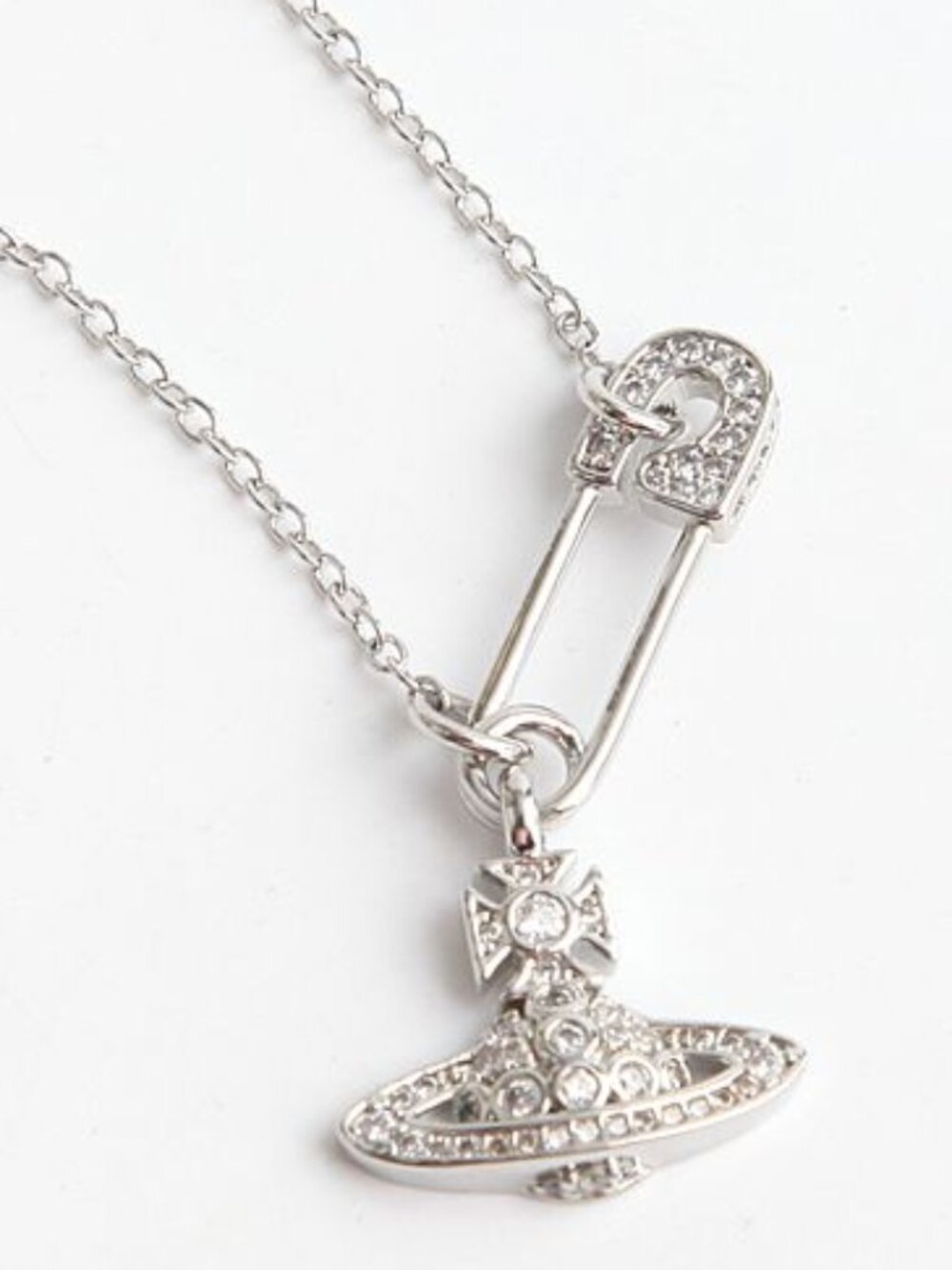 AUTH New VIVIENNE WESTWOOD Pewter Lucrece Orb Pendant Pave Pin Necklace Ret $375